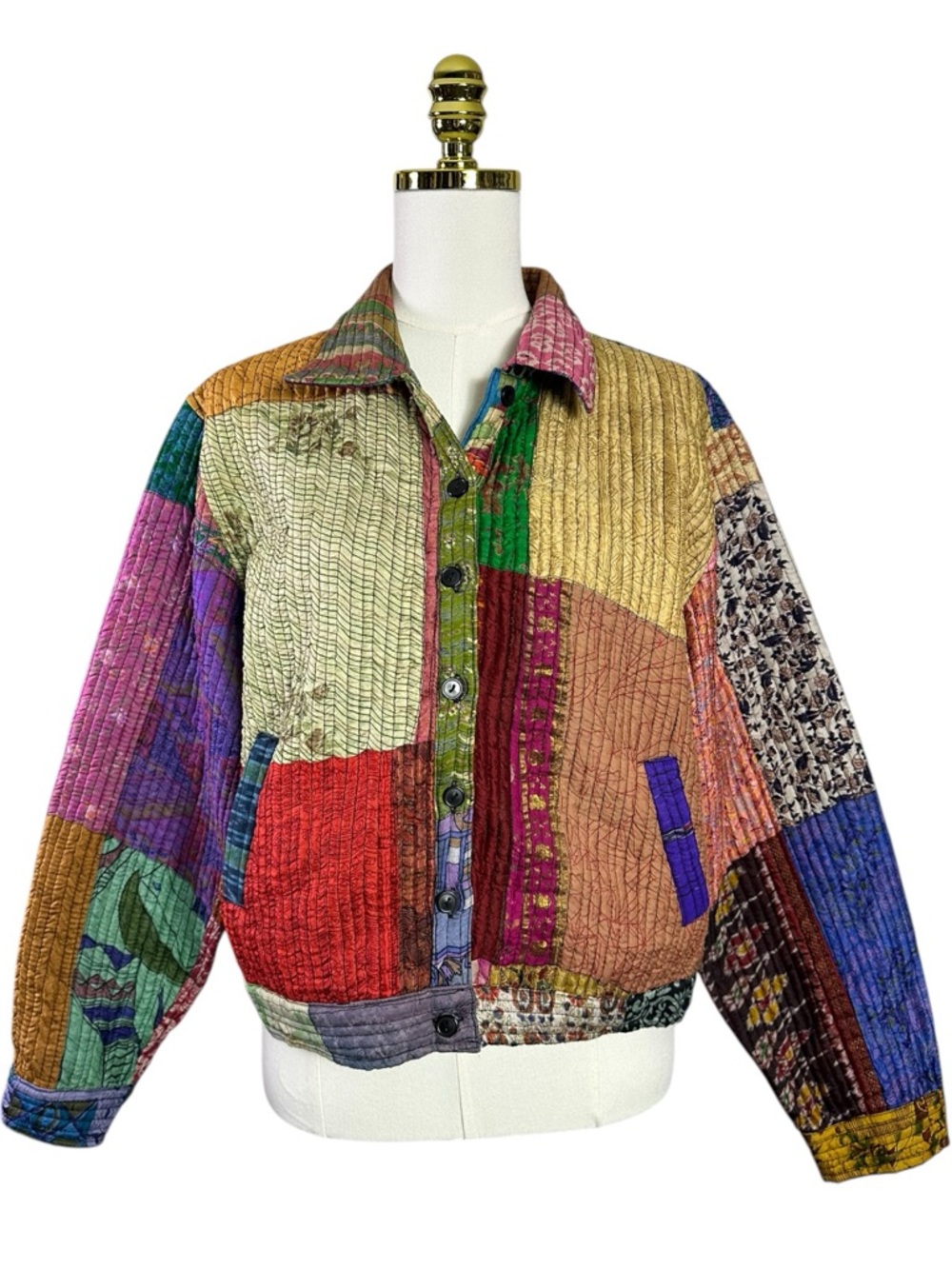 Vintage Bohemian Sacred Threads Silk Quilted Kantha Sari Patchwork Jacket Large